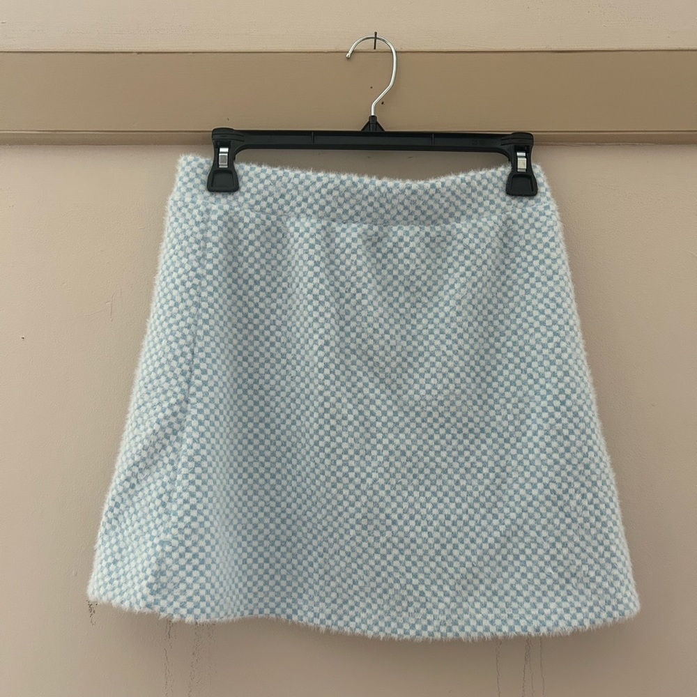 Zara Light Blue and White Checkered Mini Skirt